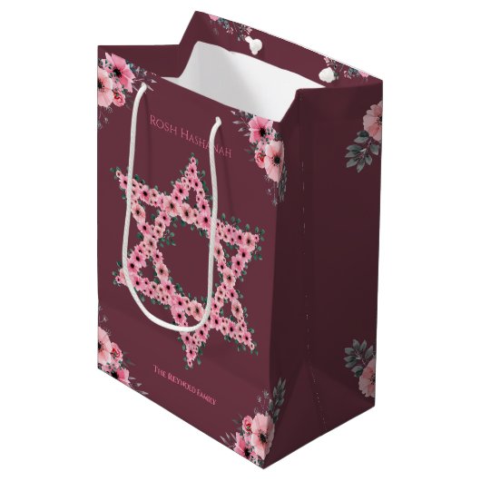 L'Shanah Tovah Star van David Pink Flower Medium Cadeauzakje (Voorkant Gekanteld)