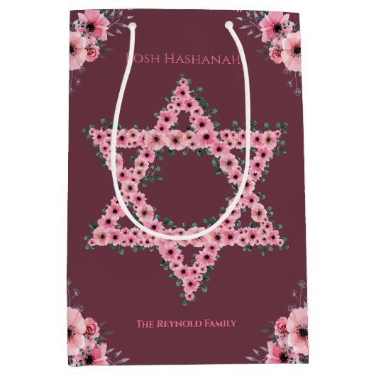 L'Shanah Tovah Star van David Pink Flower Medium Cadeauzakje (Voorkant)