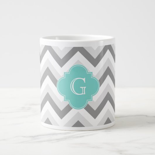 Lt. 2 Gray White Chevron Aqua Monogram Grote Koffiekop (Voorkant)