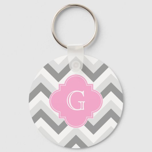 Lt. 2 Gray White Chevron Pink Quatrefoil Monogram Sleutelhanger (Voorkant)