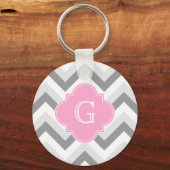 Lt. 2 Gray White Chevron Pink Quatrefoil Monogram Sleutelhanger (Voorkant)
