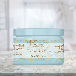 Lt blauwe en gouddampzeep en cosmetische etiketten