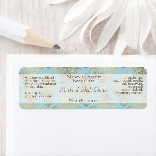 Lt blauwe en gouddampzeep en cosmetische etiketten (Insitu)