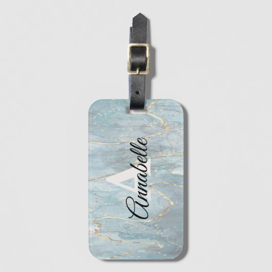 Lt. Blauwe marmer met goudmonogrammed Bagagelabel (Voorkant (verticaal))
