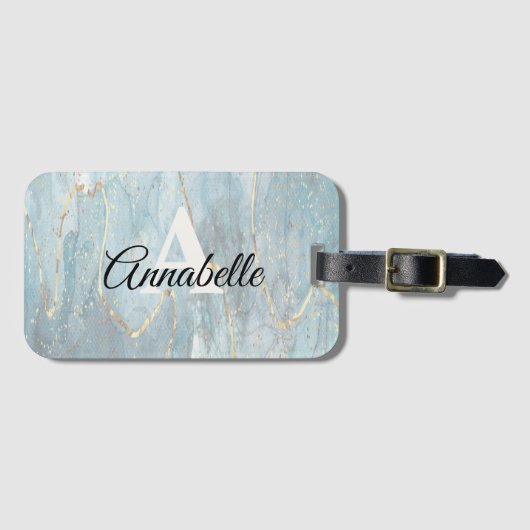 Lt. Blauwe marmer met goudmonogrammed Bagagelabel (Voorkant (horizontaal))