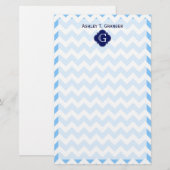 Lt Blu Wht Chevron Zigzag Navy Quatrefoil Monogram Briefpapier (Voorkant / Achterkant)