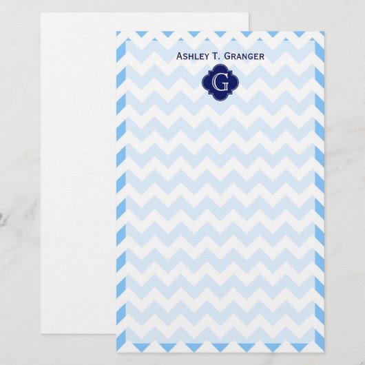 Lt Blu Wht Chevron Zigzag Navy Quatrefoil Monogram Briefpapier (Voorkant / Achterkant)