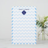 Lt Blu Wht Chevron Zigzag Navy Quatrefoil Monogram Briefpapier (Staand voorkant)