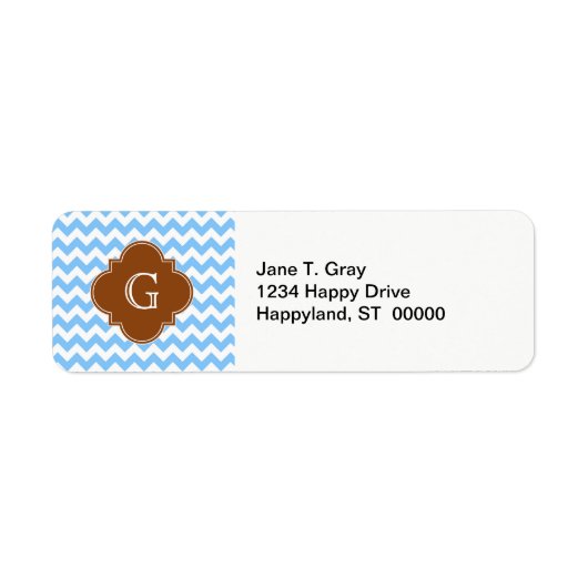 Lt Blue Wht Chevron Brown Quatrefoil Monogram Etiket (Voorkant)