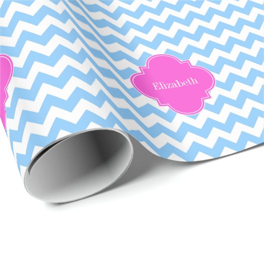 Lt Blue Wht Chevron Hot Pink Quatrefoil Monogram Cadeaupapier (Rol Hoek)