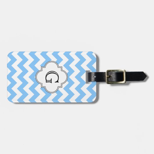 Lt Blue Wht Chevron Zigzag Wht Quatrefoil Monogram Bagagelabel (Voorkant horizontaal)