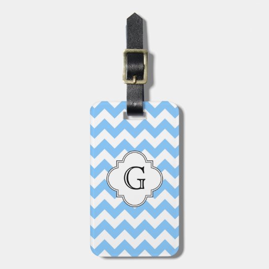 Lt Blue Wht Chevron Zigzag Wht Quatrefoil Monogram Bagagelabel (Voorkant verticaal)