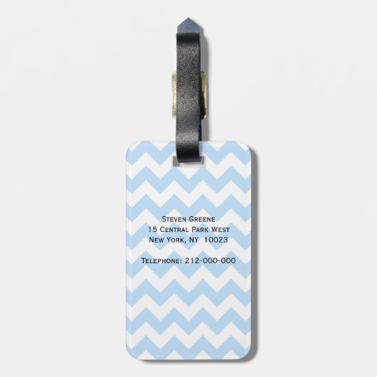 Lt Blue Wht Chevron Zigzag Wht Quatrefoil Monogram Bagagelabel (Achterkant verticaal)