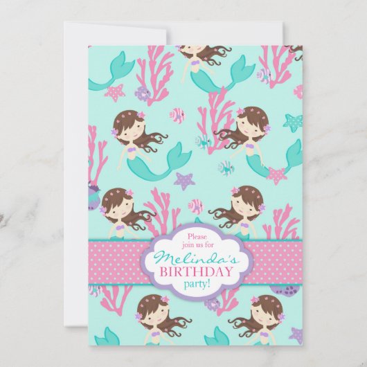 Lt. Brunette Mermaid 7e verjaardag Uitnodiging (Achterkant)
