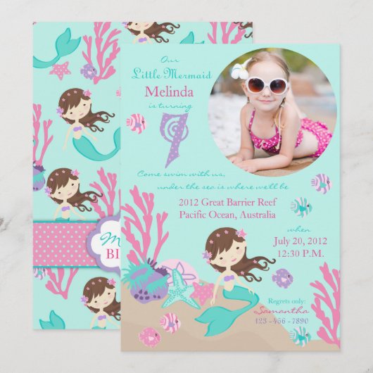 Lt. Brunette Mermaid 7e verjaardag Uitnodiging (Voorkant / Achterkant)