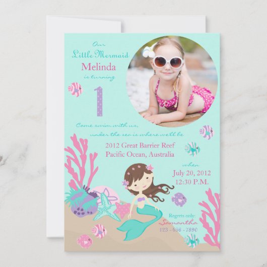 Lt. Brunette Mermaid First Birthday Invitation Kaart (Voorkant)