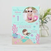 Lt. Brunette Mermaid First Birthday Invitation Kaart (Staand voorkant)