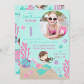 Lt. Brunette Mermaid First Birthday Invitation Kaart (Voorkant / Achterkant)