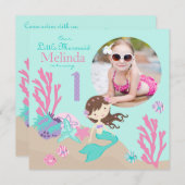 Lt. Brunette Mermaid First Birthday Invitation Kaart (Voorkant / Achterkant)