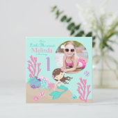 Lt. Brunette Mermaid First Birthday Invitation Kaart (Staand voorkant)