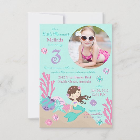 Lt. Brunette Mermaid Third Birthday Invitation Kaart (Voorkant)