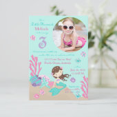 Lt. Brunette Mermaid Third Birthday Invitation Kaart (Staand voorkant)