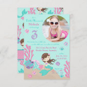 Lt. Brunette Mermaid Third Birthday Invitation Kaart (Voorkant / Achterkant)