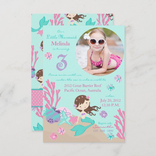 Lt. Brunette Mermaid Third Birthday Invitation Kaart (Voorkant / Achterkant)