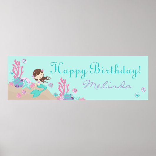 Lt. Bruntte Mermaid Birthday Banner Poster (Voorkant)