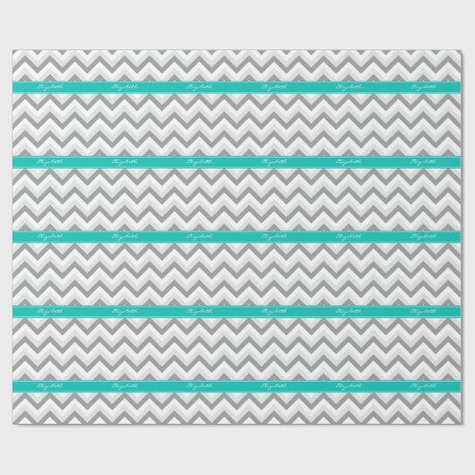 Lt Gray Med Gray White Chevron Blauwgroen naam Mon Cadeaupapier (Vlak)