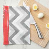 Lt Gray Med Gray White Chevron Coral Name Monogram Theedoek (Quarter Fold)