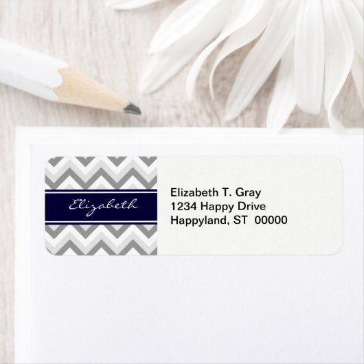 Lt Gray Med Gray White Chevron Navy Name Monogram Etiket (Insitu)