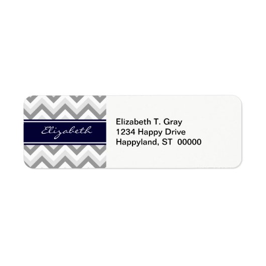 Lt Gray Med Gray White Chevron Navy Name Monogram Etiket (Voorkant)