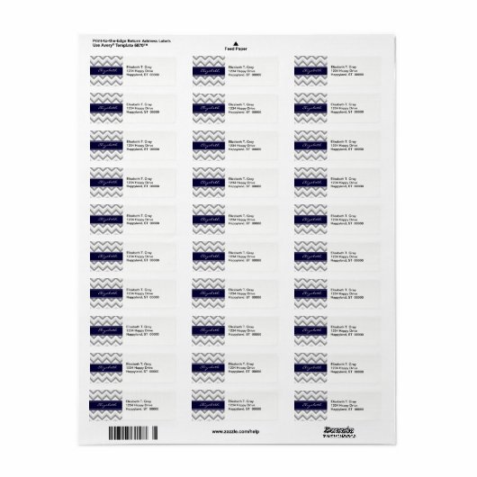 Lt Gray Med Gray White Chevron Navy Name Monogram Etiket (Full Sheet)