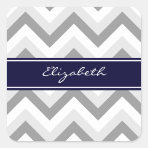 Lt Gray Med Gray White Chevron Navy Name Monogram Vierkante Sticker