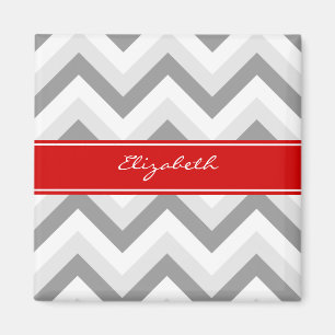 Lt Gray Med Gray White Chevron Red Name Monogram Magneet