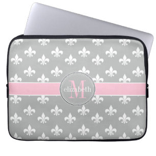 Lt Gray Pink White Fleur de Lis Monogram Laptop Sleeve