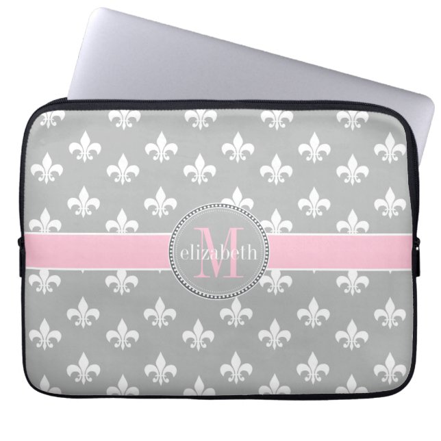 Lt Gray Pink White Fleur de Lis Monogram Laptop Sleeve (Voorkant)