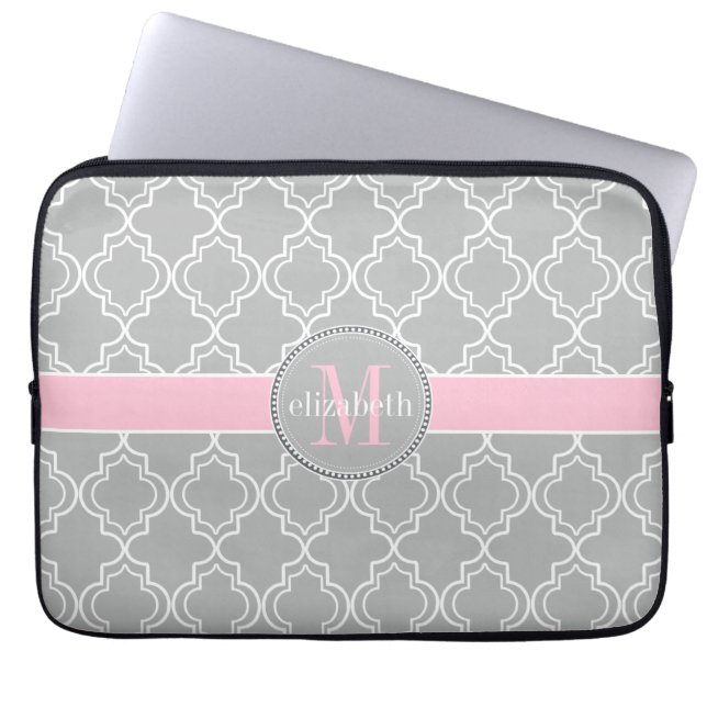 Lt Gray Pink White Moroccan Quatrefoil Monogram Laptop Sleeve (Voorkant)