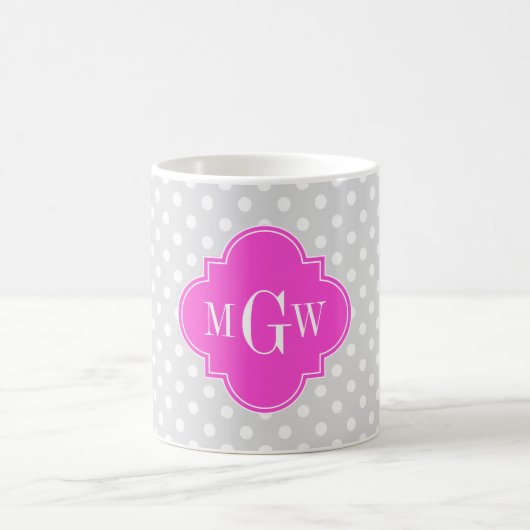 Lt Gray Polka Dot Hot Pink Quatrefoil 3 Monogram Koffiemok (Center)