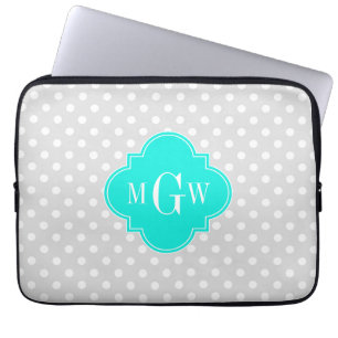 Lt Gray Polka Dots Brt Aqua Quatrefoil 3 Monogram Laptop Sleeve