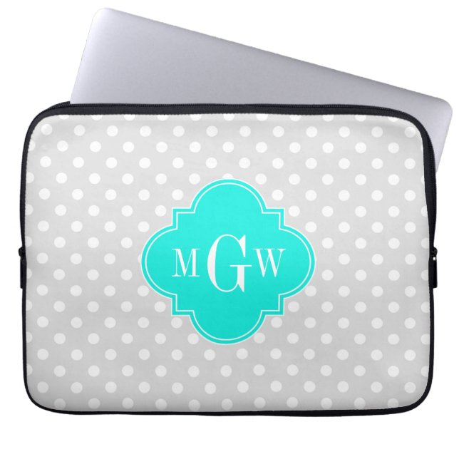 Lt Gray Polka Dots Brt Aqua Quatrefoil 3 Monogram Laptop Sleeve (Voorkant)