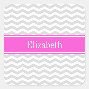 Lt Gray Whin Chevron Hot Pink Name Monogram Vierkante Sticker