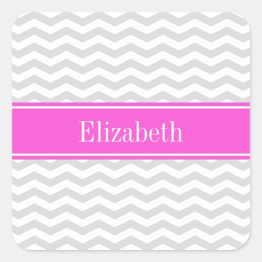 Lt Gray Whin Chevron Hot Pink Name Monogram Vierkante Sticker (Voorkant)