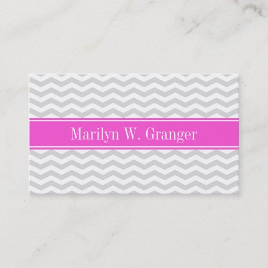 Lt Gray Whin Chevron Hot Pink Name Monogram Visitekaartje (Voorkant)