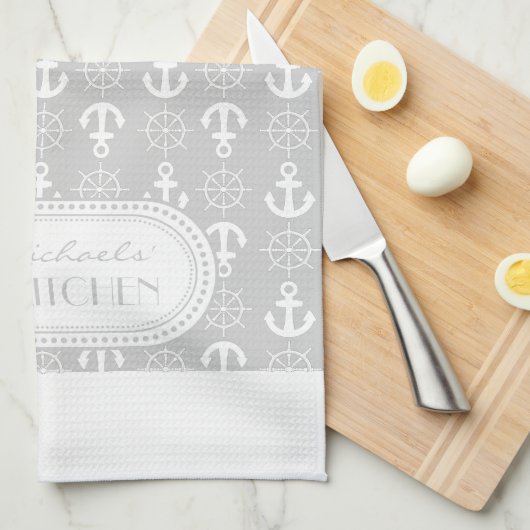 Lt Gray | White Anchors Wheels Nautical Monogram Theedoek (Quarter Fold)