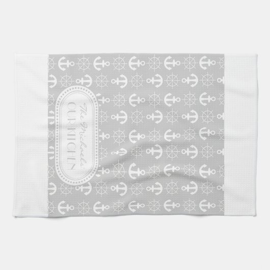 Lt Gray | White Anchors Wheels Nautical Monogram Theedoek (Horizontaal)