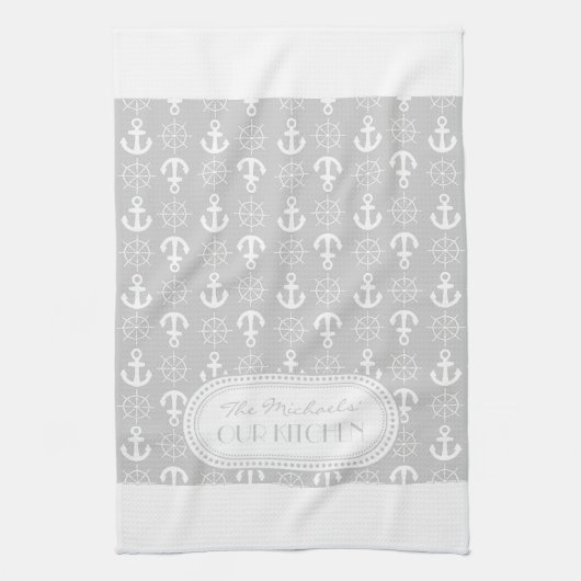 Lt Gray | White Anchors Wheels Nautical Monogram Theedoek (Verticaal)