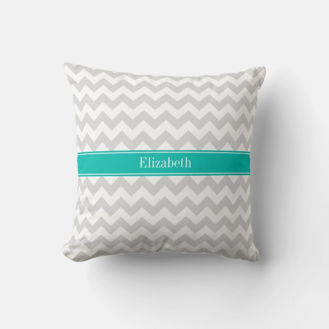 Lt Gray White Chevron Blauwgroen naam Monogram Kussen (Voorkant)