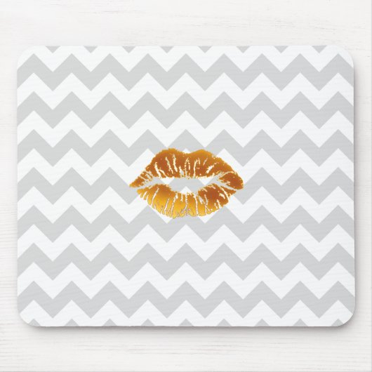 Lt Gray White Chevron, Gold Lipstick Kiss Muismat (Voorkant)